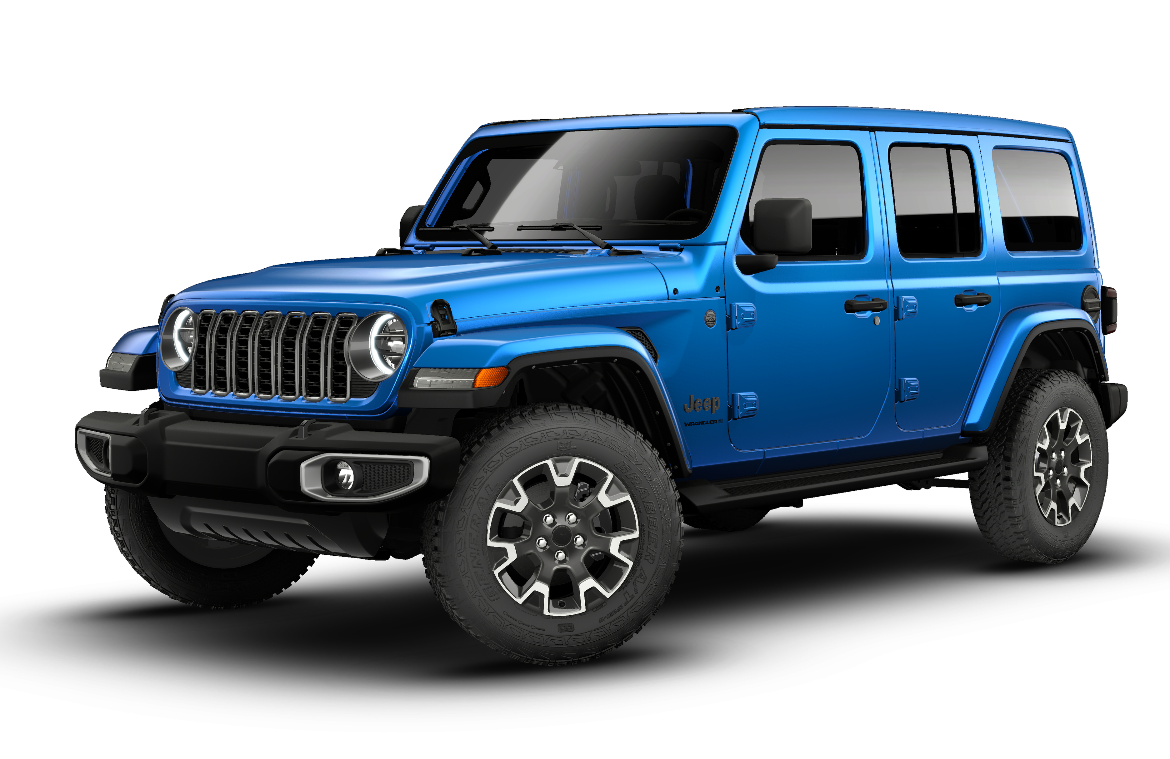 2026 Jeep Wrangler WRANGLER 4-DOOR SAHARA in Hydro Blue Pearl-Coat Exterior Paint — front three-quarter view